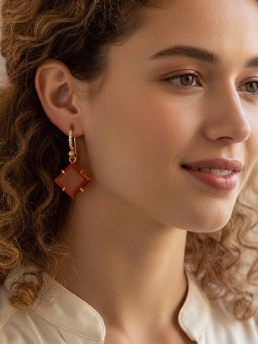 Square Carnelian Fish Hook Earrings